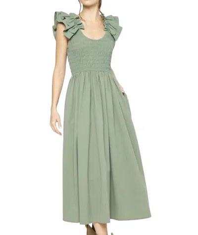 Entro Smocked Midi Dress In Sage In Green