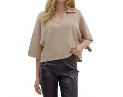 Entro Solid 3/4 Sleeve V Neck Collar Knit Top In Stone In Brown