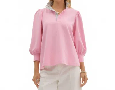 Entro Solid Balloon Sleeve Popover Top In Pink In Multi