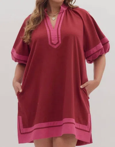 Entro Solid Contrast Lantern Sleeves Slit Hem Split Collar Mini Dress - Plus In Red