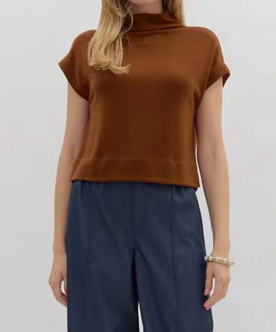 Entro Solid Knit Mock Neck Pullover Top In Rust In Brown