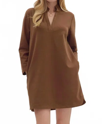 Entro Solid Long Sleeve Mini Dress In Brown In Burgundy