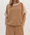 Entro Solid Ribbed Contrast Trim Boatneck Top In Camel