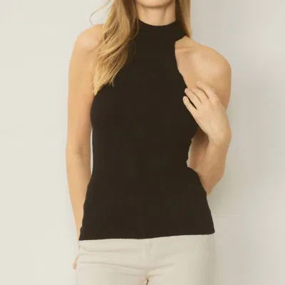 Entro Solid Ribbed Mock Neck Top In Black