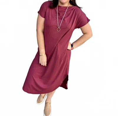 Entro Solid Ribbed Off-shoulder Short Sleeve Midi Dress In Burgundy