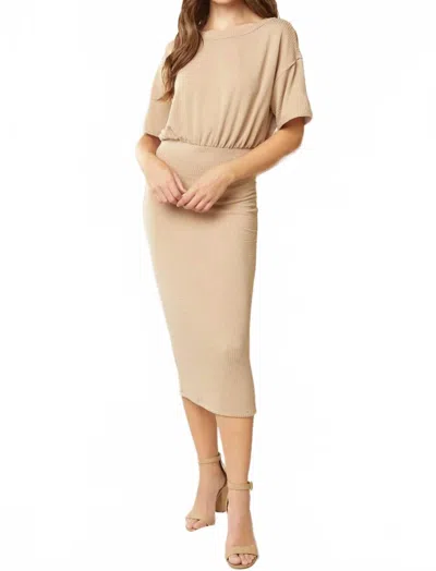 Entro Solid Ribbed Round Neck Half Sleeve Midi Dress In Cream In Brown
