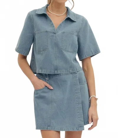 Entro Solid Short Sleeve Denim Woven Top And Short Set In Dusty Blue