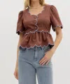Entro Solid Short Sleeve Ruffle Hem Top In Brown In Brown