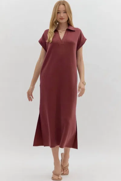 Entro Solid Split Collar Midi Dress In Burgundy