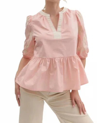 Entro Solid Top With Embroidered Sleeve In Baby Pink