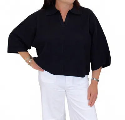 Entro Solid V-neck Collared Top In Black