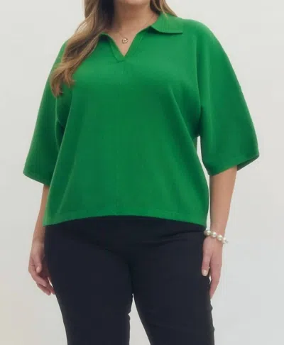 Entro Solid V-neck Collared Top In Green