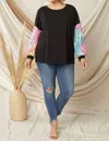 Entro Solid Waffle Top With Sequin Sleeves - Plus In Black