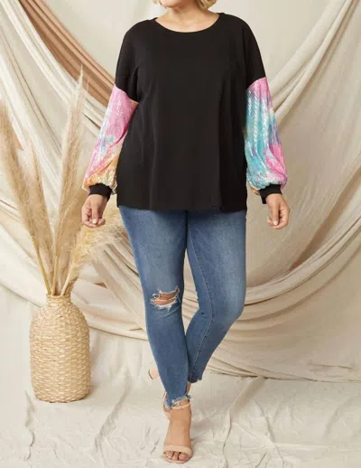 Entro Solid Waffle Top With Sequin Sleeves - Plus In Black