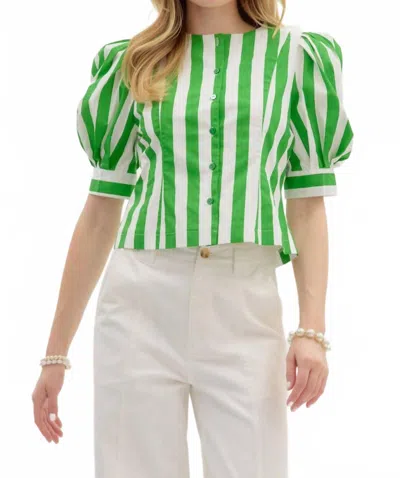 Entro Sonoma Striped Puff Sleeve Top In Green