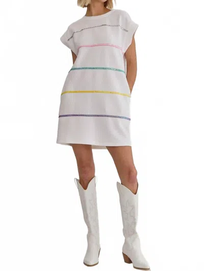 Entro Spangled Trim Stripe Dress In White In Multi