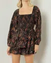 ENTRO SQUARE NECK LONG SLEEVE TIERED ROMPER IN BLACK/FLAME PRINT