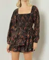Entro Square Neck Long Sleeve Tiered Romper In Black/flame Print In Multi