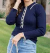 Entro Stay In The Moment Ribbed Knit Long Sleeve Top In Navy In Blue