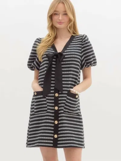 Entro Stripe Boucle Bubble Sleeve Mini Dress In Ecru Black