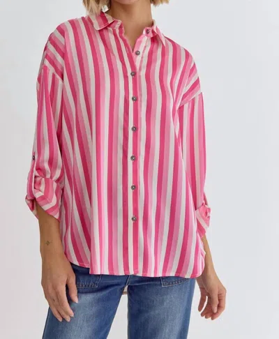 Entro Stripe Button Up Top In Pink