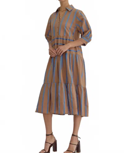 Entro Stripe Midi Dress In Mocha And Blue In Brown