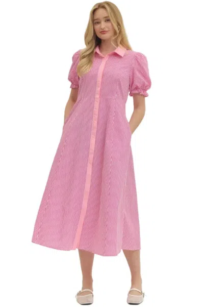 Entro Stripe Print Short Puff Sleeve Midi Dress In Blush In Pink