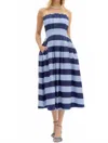 Entro Stripe Print Strapless Pleated Midi Dress In Blue In Blue