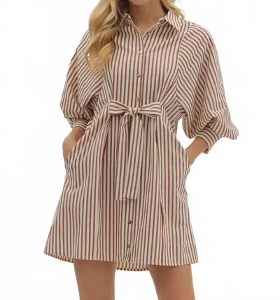 Entro Striped Bow Tie Mini Shirt Dress In Brick In Brown