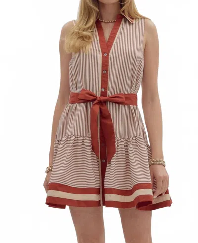 Entro Striped Button Down Waist Tie Mini Dress In Rust And Cream In Brown