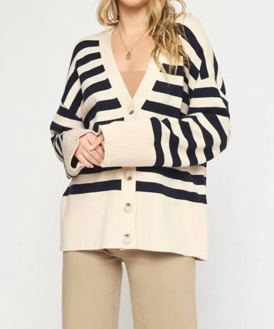 Entro Striped Cardigan In Natural & Navy In Beige