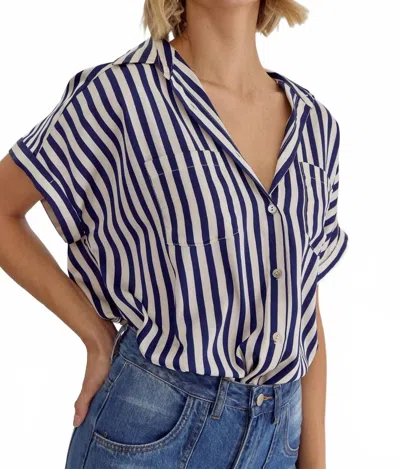 Entro Striped Collared Button Up Top In Blue In White