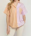 Entro Striped Color Block Top In Pink/orange