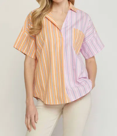 Entro Striped Color Block Top In Pink/orange