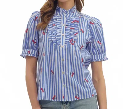 Entro Striped Embroidered Cherry Puff Sleeve Button Top In Blue
