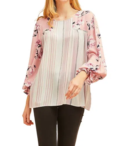 Entro Striped Floral & Lace Blouse In Blush In Gold
