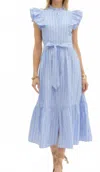 Entro Striped Flutter Sleeve Midi Dress In Blue In Blue