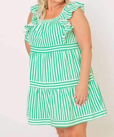 Entro Striped Ruffle Sleeve Tiered Mini Dress In Green