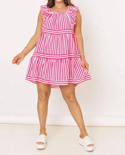 Entro Striped Ruffle Sleeve Tiered Mini Dress In Magenta In Pink