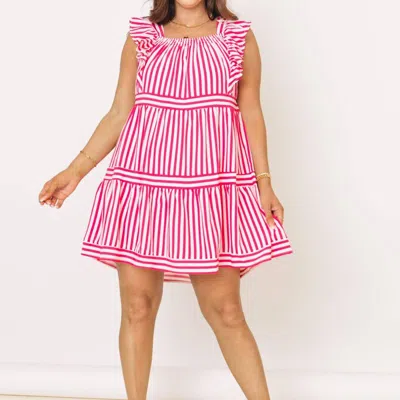 Entro Striped Ruffle Sleeve Tiered Mini Dress In Magenta In Pink