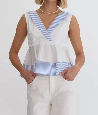 Entro Striped Sailor V-neck Peplum Top In Blue/white