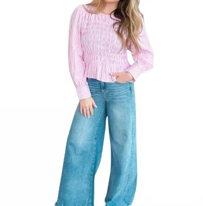 Entro Striped Smocked Blouse In Pink Treasure