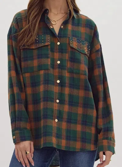 Entro Stud Plaid Button Down Top In Green In Multi