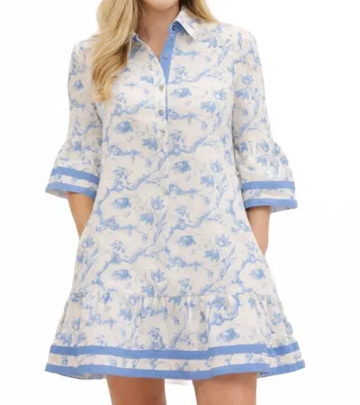 Entro Surrey Toile Print Mini Dress With Contrast Trim In Blue & White