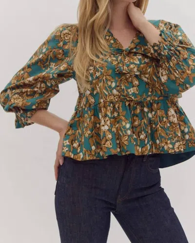 Entro Sutton Floral Print 3/4 Sleeve Peplum Top In Emerald And Gold Floral In Multi