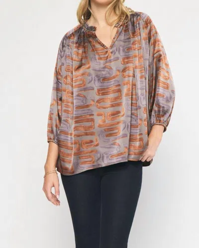 Entro Swirl Printed V-neck Top In Toffee In Brown