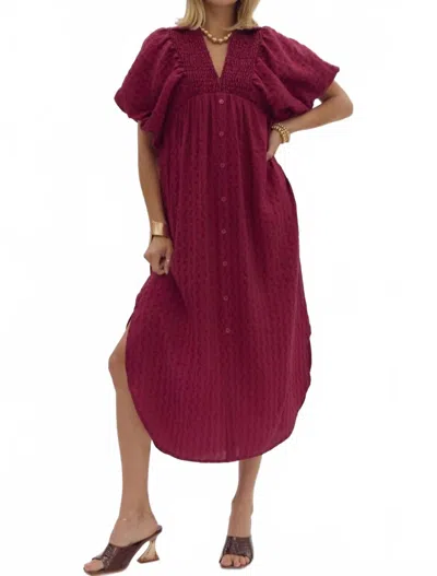 Entro Textured Puff Sleeve Midi Dress In Berry In Burgundy