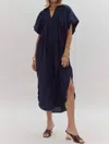 Entro Textured Puff Sleeve Midi Dress In Navy