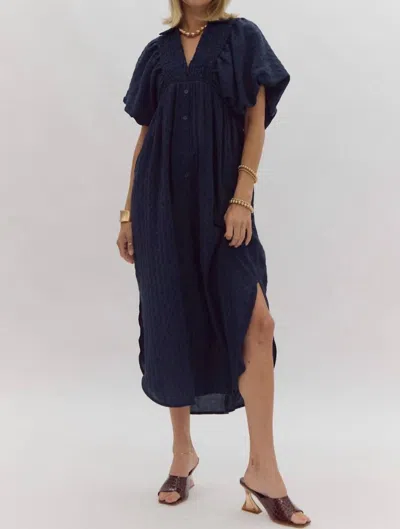Entro Textured Puff Sleeve Midi Dress In Navy