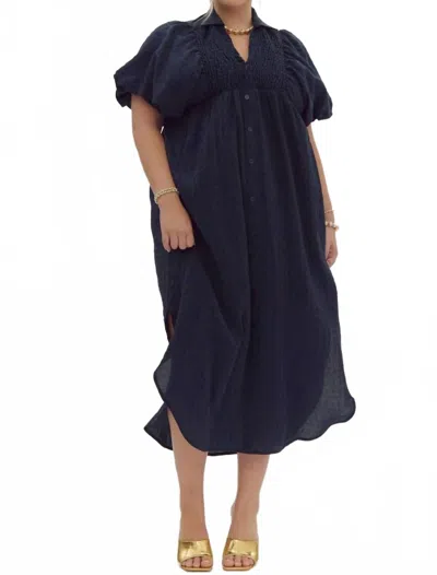 Entro Textured Puff Sleeve Midi Dress - Plus In Navy In Blue